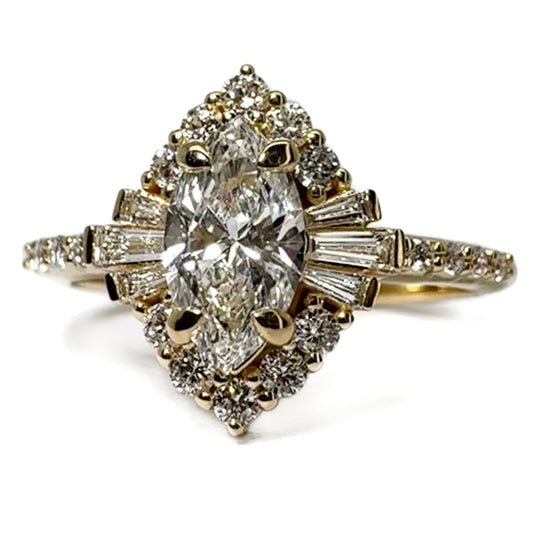 Asymmetrical Cluster Halo Ring with Black Diamond Halo 14K Yellow Gold Oval Center Moissanite.