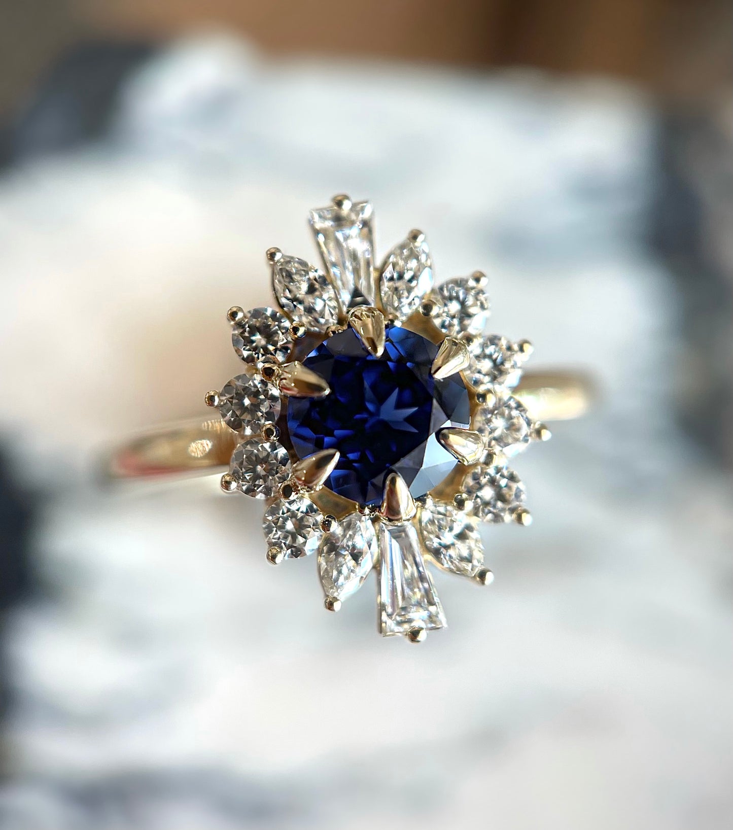 Claw Set Blue Sapphire + White Diamond Halo Ring