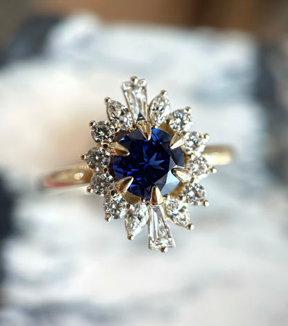Claw Set Blue Sapphire + White Diamond Halo Ring