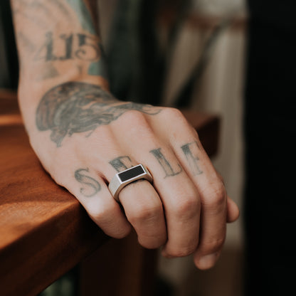 Rectangle Top Signet Ring on Hand - Honey&Goldies