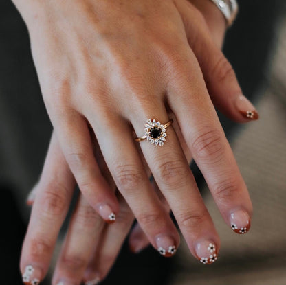 Claw Set Blue Sapphire + White Diamond Halo Ring
