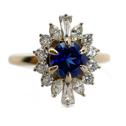 White Diamond Halo Ring with 14K Yellow Gold, Lab Grown Round Blue Sapphire, Center- 5.5mm. Conflict-free diamonds with recycled metal.