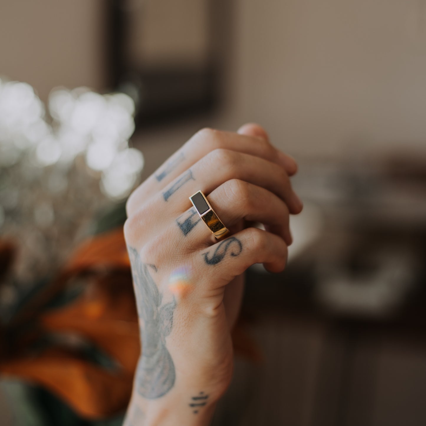 Rectangle Top Signet Ring on hand