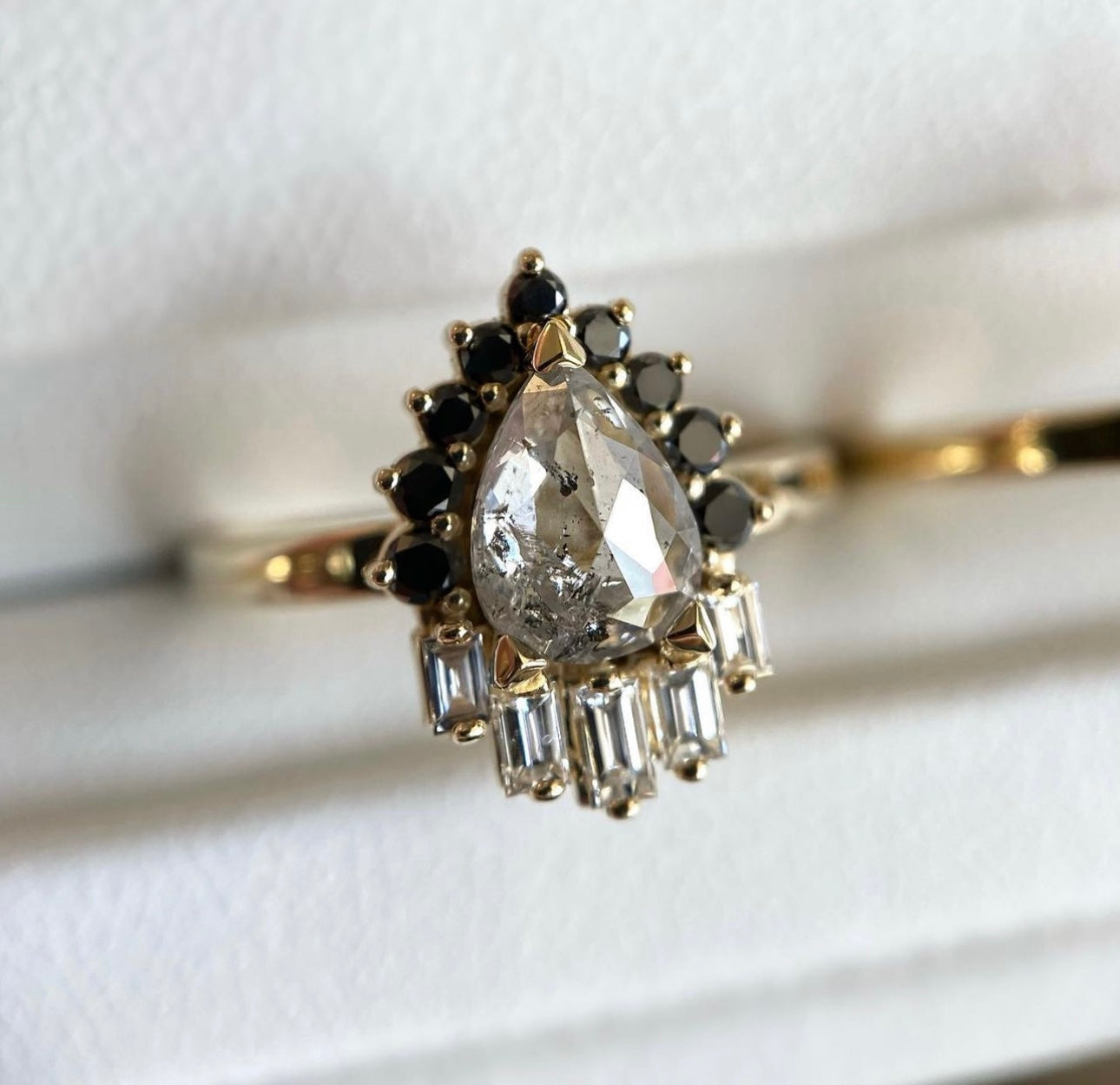 Pear Center + Round & Baguette Halo Ring